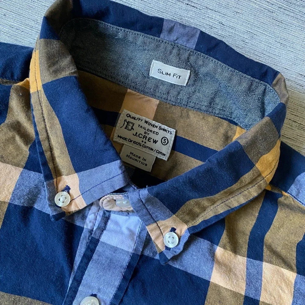 J.Grew Men's Navy and Mustard Plaid Button-Down Shirt size S